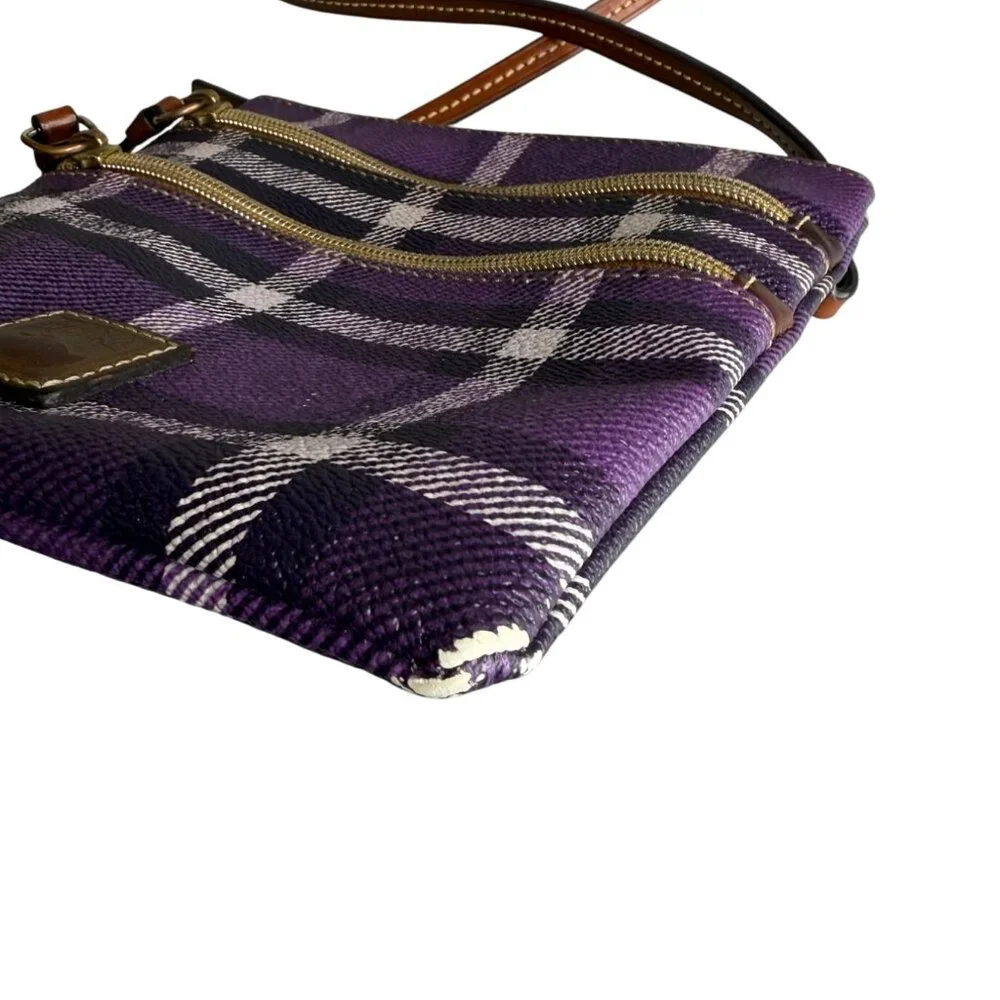 Vintage Dooney & Bourke Purple Plaid Crossbody Bag With Adjustable Strap & Tripl